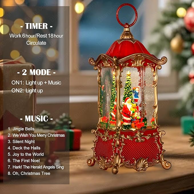 Snow Globes Lantern Home Decor Accent for Child Santa Claus Tree Auto Snowfall Glitter Music Collection with 6H Timer USB/Battery Powered 12.5 inch