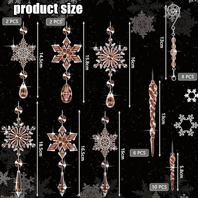 Giegxin 32 Pcs Crystal Christmas Ornaments Crystal Hanging Snowflakes Acrylic Xmas Tree Icicle Drop Decorations with Hooks for Christmas Snow Party Winter(Champagne)