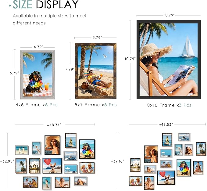 15 Pack Picture Frames Collage Wall Decor, Frame Set with 3pcs Black 8x10, 6pcs Brown 5x7, and 6pcs Grey 4x6 for Gallery Display, Wall Mounting & Tabletop, Bulk Photo Frames for Living Room Decor