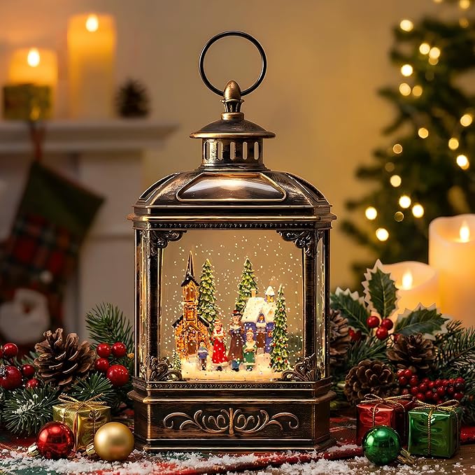 Christmas Snow Globe Lantern Water Glittering Town Home with Carolers, Music & Timer, USB Lined/Battery Operated Lighted Lantern for Christmas Festival Decoration Gifts