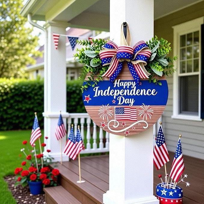 4th of July Wreaths Decorations for Front Door with Large Bow, USA 250th Anniversary Merchandise, Independence Day & Summer Patriotic Decorations for Garden & Patio (Color-Day)