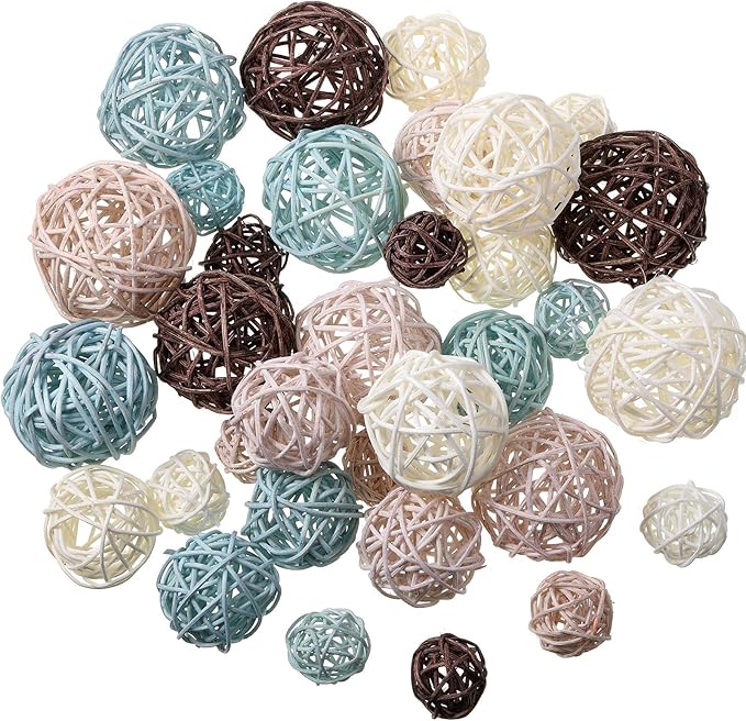 Patelai 36 Pcs Wicker Rattan Balls Decorative Balls for Vase Centerpiece Bowls Orbs Filler for Home Decor,4 Sizes(Blue, Brown, Dark Brown, White,2.8'',2.4'',2'',1.6'')