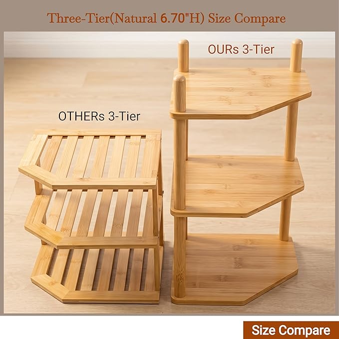3-Tier Expandable Bamboo Corner Shelf - Dish/Plate Organizer for Cabinet, Kitchen Counter Shelf & Small Kitchen Shelf, Adjustable (Natural, 2-Pc 6.70" H)