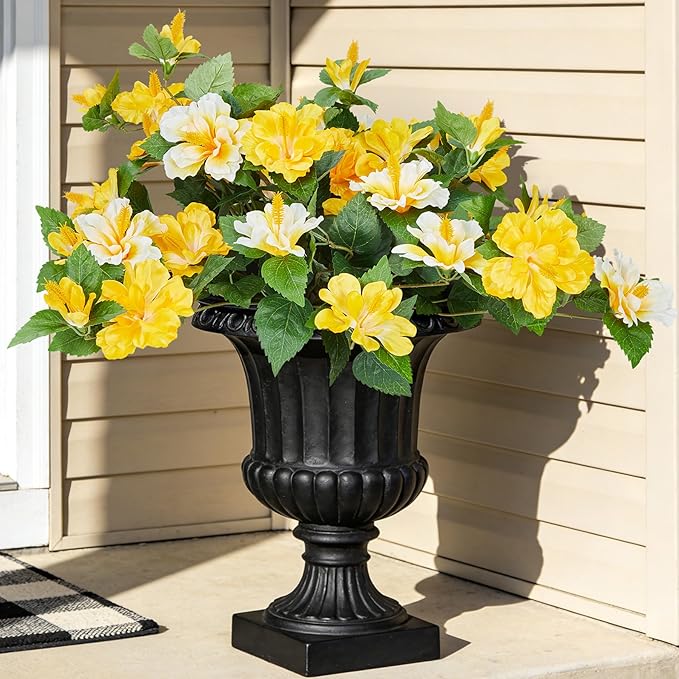 Artificial Flowers for Outdoors Indoors,2 Bunches Fake Hibiscus with Realistic UV Resistant Silk Flower Fabric Leaves,Faux Plants Outside for Home Patio Garden Yard Poch Decor(Yellow,White)