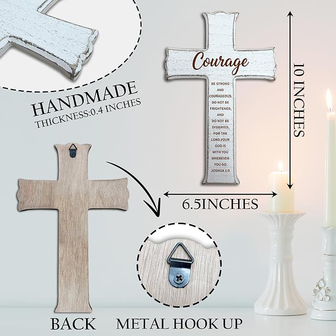 dsjaidh Cross Wall Decor - White Scripture Wooden Cross For Wall - Minimalist Wooden Hanging Signs Christian Easter Decor for Home Office Church Baptism - Christian Gifts for Men Women (Courage)- A02