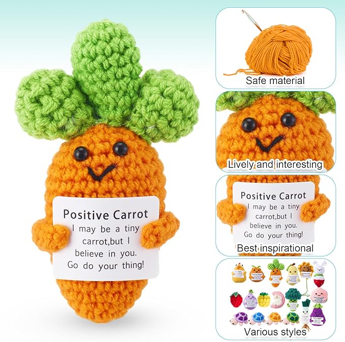 VioraWhite 18 Pcs Emotional Crochet Bulk Desk Accessories,Positive Handmade Fruit Vegetable Support Knitted Decorations with Cheer Cards, Motivational Appreciation Gifts for Coworkers Staff Adults
