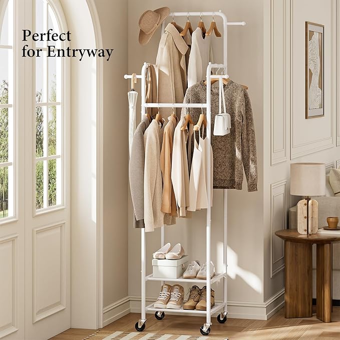 Chrislley Clothes Rack with Wheels, 71" Portable Clothing Rack with 2 Shelves and 4 Hooks, Small Rolling Garment Rack, 4 Hanging Rods Metal Coat Rack for Bedroom, Apartment, Entryway, White