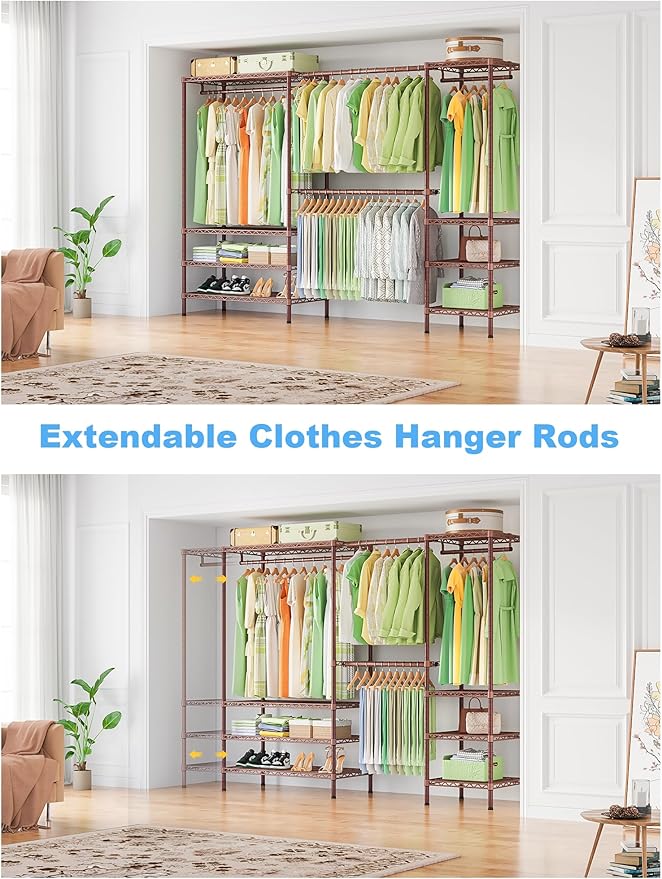 Ulif E11 Heavy-Duty Garment Rack, Metal Freestanding Clothes Rack and Closet Storage Organizer System with 8 Shelves and 4 Hanger Rods, (73.2-97.6)" W x 14.5" D x 71.2" H, Load 1034 LBS, Bronze