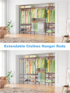 Ulif E11 Heavy-Duty Garment Rack, Metal Freestanding Clothes Rack and Closet Storage Organizer System with 8 Shelves and 4 Hanger Rods, (73.2-97.6)" W x 14.5" D x 71.2" H, Load 1034 LBS, Bronze