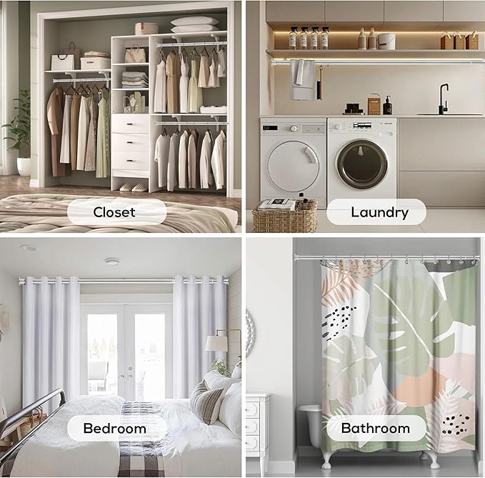 1.3 Inch Diameter Closet Rods for Hanging Clothes 17-51 Inch Adjustable, Metal Heavy Duty Closet Pole, Silver Closet Bar for Hanging Clothes, Suitable for Closet, Wardrobes, Bathroom, Windows