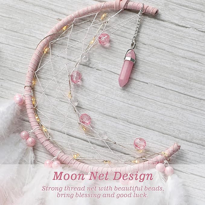 Dremisland Moon Dream Catcher with Fairy Lights-Handmade Feather Lucky Turquoise Pendant Beads Wall Hanging Ornament for Kids Bedroom Home Decoration,Art Craft Gift. (Pink&White)