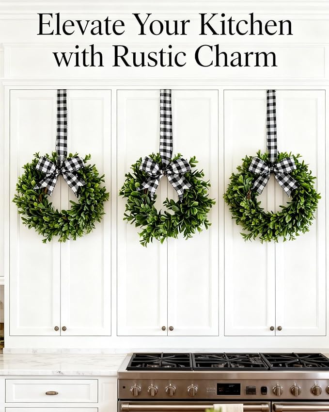 6 Pcs 9" Mini Eucalyptus Wreaths for Kitchen Cabinets, Small Farmhouse Greenery Wreath with Buffalo Check Bow, Realistic Boxwood Leaf Window Indoor Outdoor Decor, UV Protected