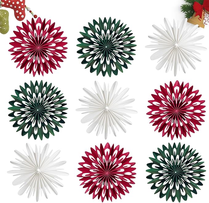 EASY JOY Red White Green Christmas Hanging Decorations - 9Pcs 3D Christmas Tree Paper Hanging Decor Snowflake Ornaments Christmas Decorations Outdoor Indoor for Xmas Party New Year Window Door
