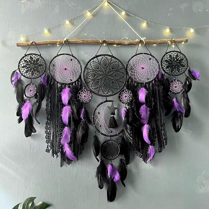 5 Pack Moon Phase Dreamcatcher Set Boho Wall Decor, Boho Macrame Wall Hanging Dream Catchers, for Home, Bedroom, Living Room, Witchy Gifts (Black Purple)