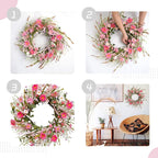 TEMPUS 24 Inch Artificial Spring and Summer for Front Door Wreath Pink Daisy and Lavender Wreath Garden Party Home Wall Wedding Decor