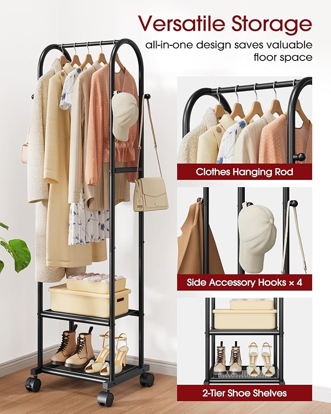 Heavy Duty Premium Clothes Rack with 2-Tier Mesh Shoe Shelves & 4 Hooks, Lockable Wheels, Space-Saving, Multi-Functional for Bedroom, Entryway, Closet, Modern Design, 18.4" x 12.6" x 72", Black
