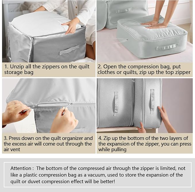 4 Pack Space Saving Comforter Storage Bag with Handle, 3-Layer Compression Blanket Storage Bags Adjustable In 3 Sizes (142L, 107L, 71L), Washable Bedding Organizer For Pillow Duvet Clothing Plush Toy