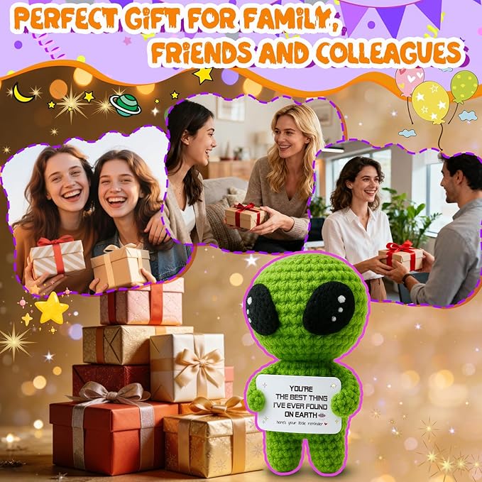 MAMAGIFTREE Crochet Alien Gift for Men Women – Funny Handmade Figure with Message Card, Appreciation Birthday Gift for Friends Coworkers Family