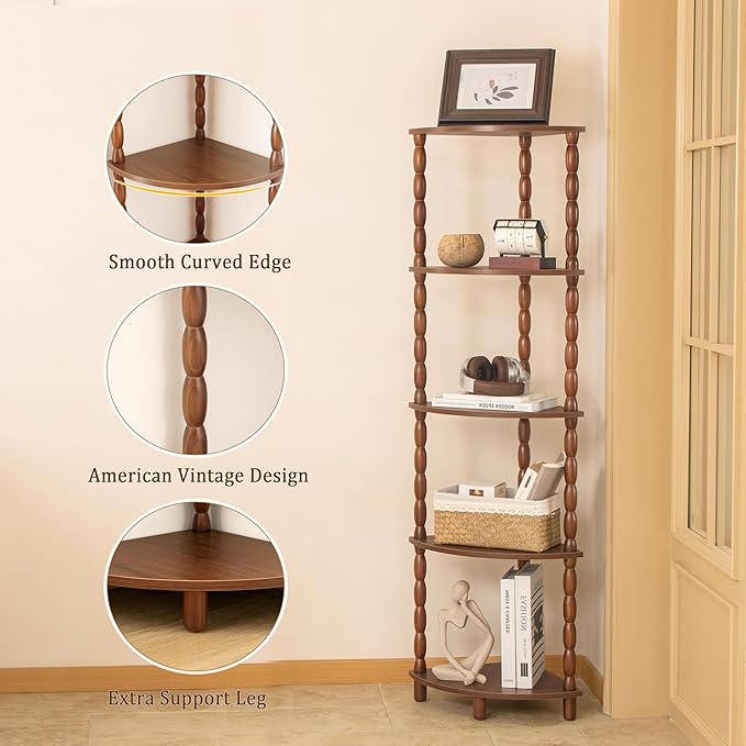 MaxSmeo Corner Shelf, 5-Tier Corner Bookshelf for Small Spaces, Vintage Corner Storage Display Shelves for Bedroom, Bathroom, Kitchen, Living Room (Walnut Brown)