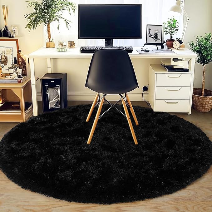 6‘x6’ Black Round Rug for Bedroom, Ultra Soft Fluffy Circle Rug for Kids Girls Boys Room, Cute Shag Rugs for Living Room Playroom Teen Room Home Decor Rug