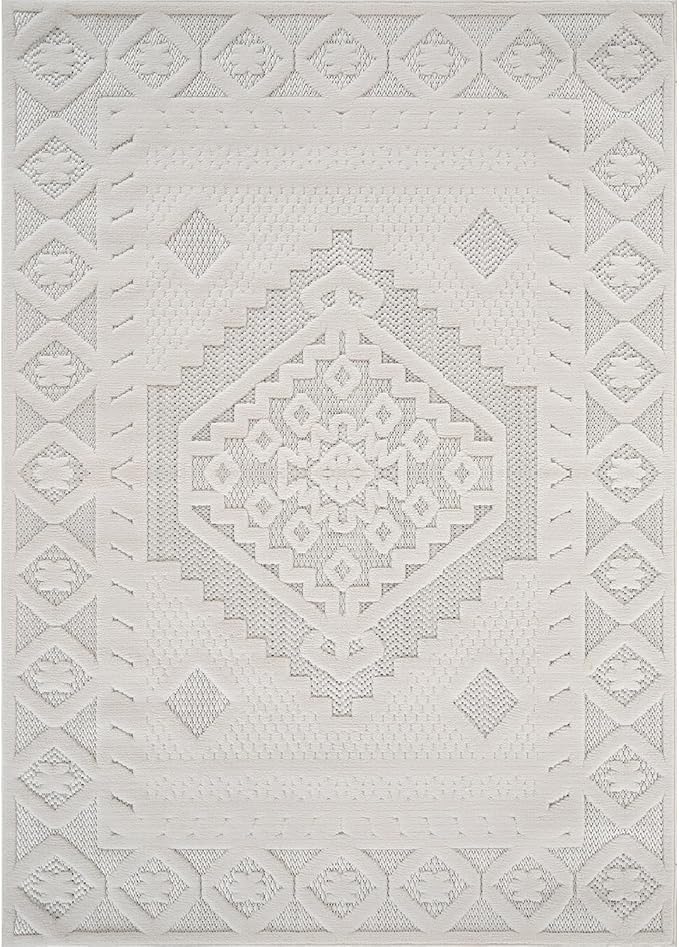 Modern Micro Loop Indoor Area Rugs for Living Room Bedroom Kitchen Geometric Trellis White 5x7 Luxury Durable Low and High Pile Non-Shedding Stain Resistant Soft Area Carpet 5 x 7