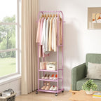 Heavy Duty Clothing Rack with Wheels,Modern Garment Rack with 3 Metal Shelves, 71.8Inches Display Rack for Hanging Clothes, Hanging Rod for Small Space,Pink