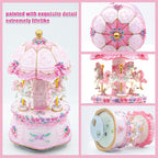 Carousel Music Box，Luxury Color Change LED Light Music Box,Luminous Rotating 3-Horse Musical Box with Gift Box for Girls Birthday Valentine Gift (You are My Sunshine, Pink)