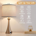 Touch Lamp for Living Room Bedroom, 21" Table Lamps Set of 2 with USB C+A Ports and Grey Lamp Shades, Touch Bedside Lamps for Nightstand with 3 Way Dimmable, 2 LED Bulbs Included, Silver