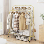 SUOERNUO Garment Rack with Wheels Clothing Rack for Hanging Clothes Multi-functional Bedroom Clothes Rack，Gold+Double Rods
