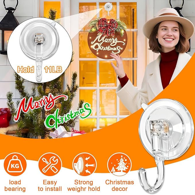HEYHOUSE Wreath Hangers for Front Door, Clear Suction-Cup-Hooks Wreath-Door-Hanger on Glass Window,Easter Valentine’s Decorations Indoor Outdoor Over The Doors Hooks,Removable and Reusable, 4 Pack