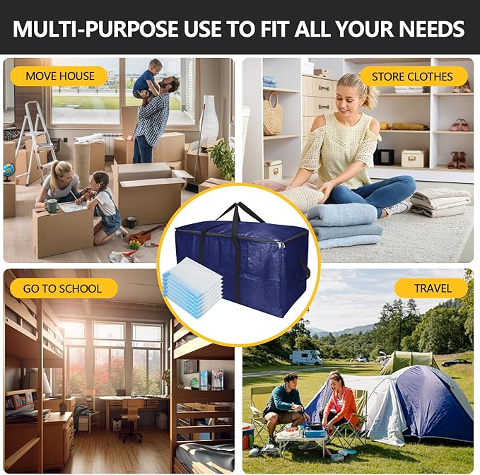 Extra Large Storage Bags Set Heavy Duty Moving Totes Strong Handles, Waterproof Dual-Way Carrying Design For Dorm Room Essentials,Christmas Storage bag(Blue,4 Moving bag & 10 Vacuum Seal Bags)