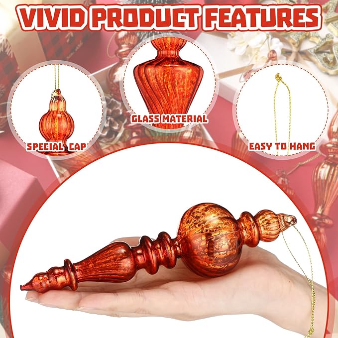 Mifoci 8 Pcs 6 Inch Mercury Glass Finial Christmas Ornaments Hanging Christmas Finials Glass Ornaments Assorted Mercury Decor for Vintage Holiday Xmas Tree Decoration(Copper Orange)