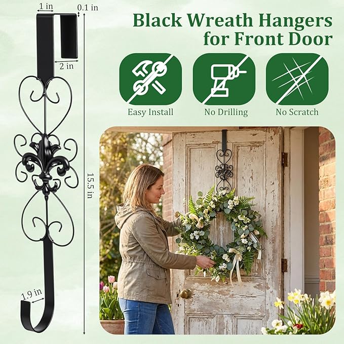 2 Pcs Wreath Hangers for Front Door Heavy Duty Metal Wreath Hook 15.5 Inch Door Hanger Elegant Design Decor Wreaths Hanger for Easter Christmas Indoor Outdoor (Black)