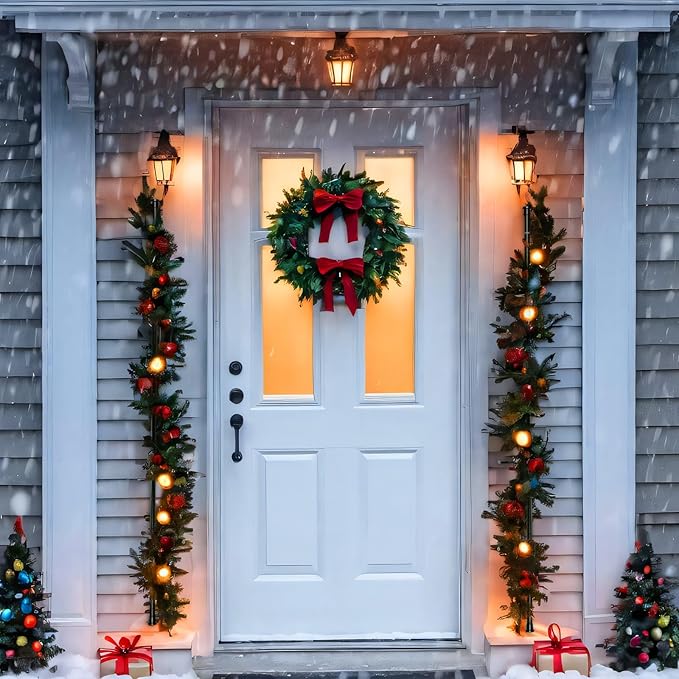 Moxweyeni Front Door Garland Hanger, Adjustable Width 31.5"-94.5", Stainless Steel Christmas Decoration Holder Garland Hanger for Door Frame Doorway Wreath Lights Outdoor, No Screws or Nails