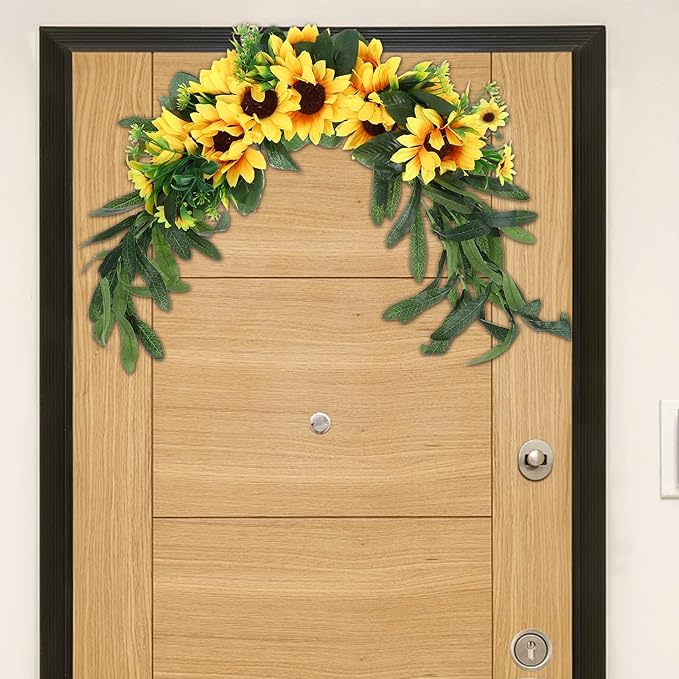 Holibanna Artificial Sunflower Swag Wedding Arch Flowers Floral Door Swag Green Leaves Hanging Ornament for Wedding Backdrop Fireplace Garden Decor