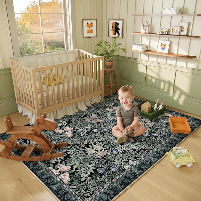 Washable Area Rugs 5x7 Black Green Vintage Floral Botanical Pattern,Perfect for Living Room, Bedroom, Kids Room, Nursery - Stain & Water Resistant Non-Slip, Pet & Child Friendly/Bedroom Decor
