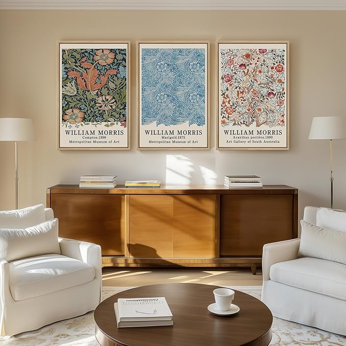 Framed William Morris Wall Art Set of 3, Large Vintage Floral Botanical Canvas Prints, Colorful Nature Artwork for Living Room, Bedroom, Hallway or Office Decor, Total Size 30x60 Inch