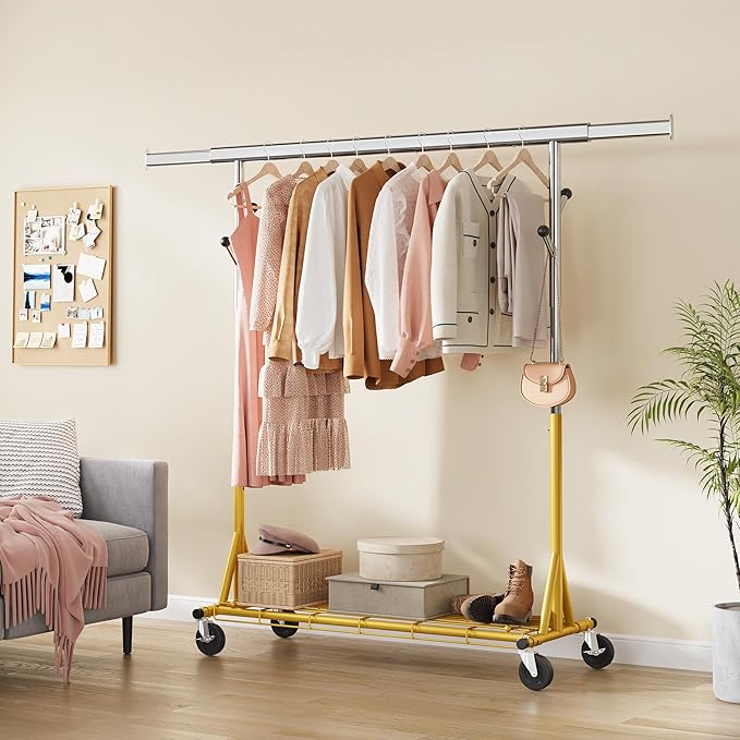 Rolling Clothes Rack Load 530lbs,Heavy Duty Garment Rack With Sturdy Wheel And Shelves, Adjustable Portable Hanging Rack For Clothes, Gold