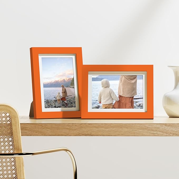Vittanly 5x7 Picture Frames Set of 9, Shatter Resistant Plexiglass, Display 4x6 Pictures with Mat or 5x7 without Mat, Photo Frames for Wall or Tabletop, Engineered Wood, Orange