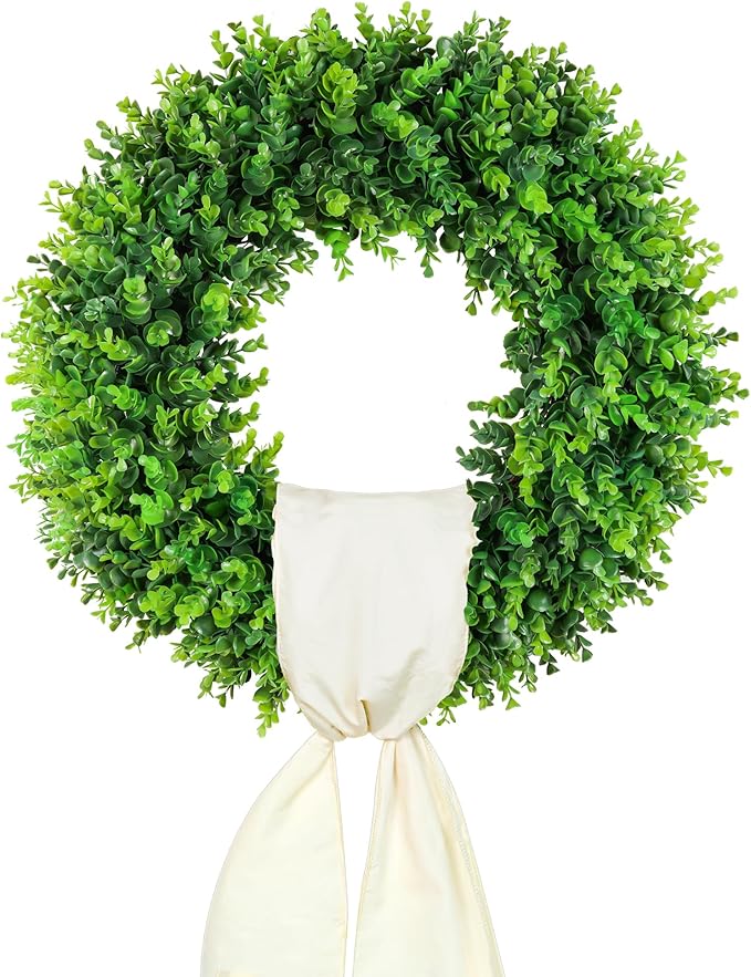DDHS 20'' Boxwood Wreaths Front Door Artificial Spring Wreath. Wreaths for Front Door Farmhouse Wedding Green Year Round Indoor Outdoor for Summer Wreath St Patricks Day Decorations -(Hello Sign)