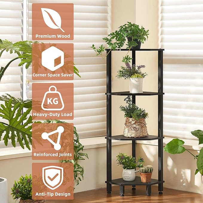 YUFAM 4-Tier Corner Shelf with Sturdy 5-Leg Base, Wooden Corner Bookshelf for Small Spaces, Corner Standing Shelf for Living Room, Bedroom, Office, Black