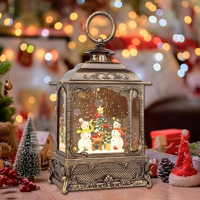 Christmas Snow Globe Lantern,Christmas Decorations Indoor for Home,with 6 Hour Timer Musical Snow Globes,Battery Or USB Powered Swirling Glitter Lantern Christmas Decor Gifts,Snowman Child