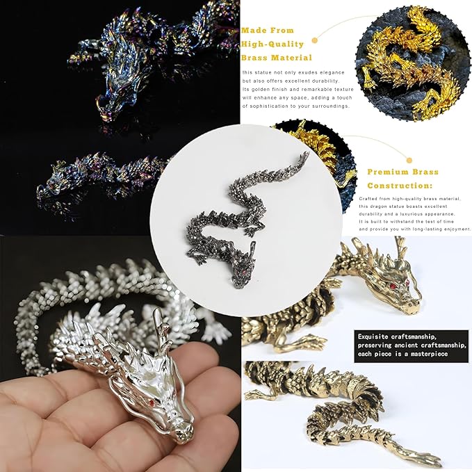LIYAOLI Metal 3D Printed Articulated Chinese Dragon Figurine Statue Bookshelf Decor 9 Inch Black Flexible Joints Luck Dragon for Home Office Desk Decoration