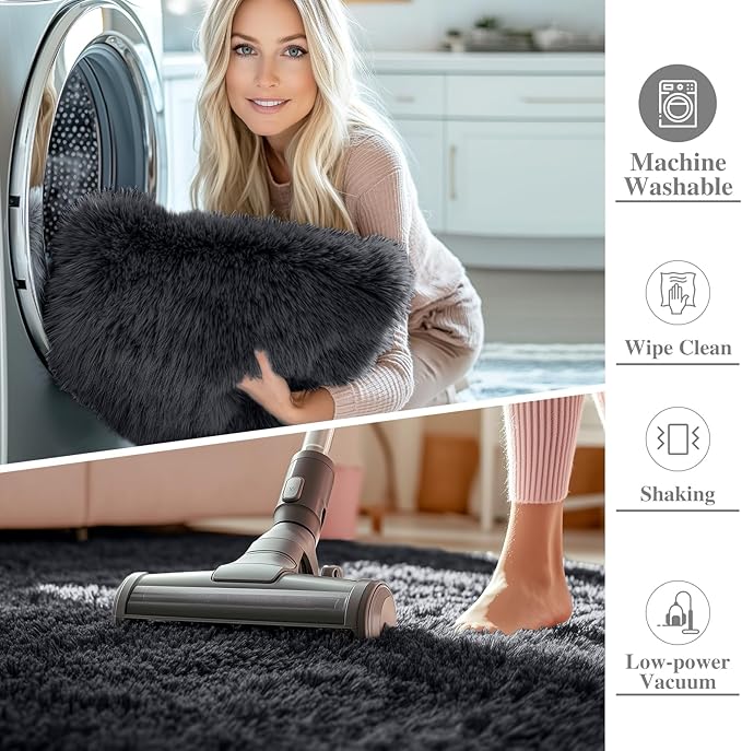 OLANLY 7x12 Machine Washable Large Area Rugs for Living Room, Bedroom, Soft Fluffy Shaggy Bedside Rug, Indoor Floor Carpet for Kids Girls and Boys, Dorms, Nursery, Home Decor Aesthetic, Black