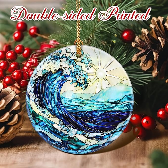 Christmas Ornaments, 2.8 Inch Ceramic Hanging Ornament, Christmas Tree Ornaments, Xmas Decorations, Holiday Decorations, Holiday Party Gifts, and Xmas Gift Ideas - Ocean Wave