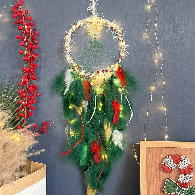 Christmas Star Dream Catcher with Lights Handmade Christmas Dreamcatcher Hanging Decoration Home Wall Craft Ornament