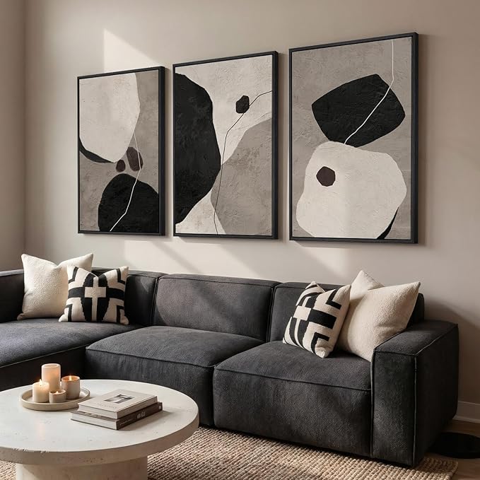 Large Framed Black and White Abstract Wall Art for Living Room, 3 Piece Modern Canvas Prints Paintings Artwork for Walls, Neutral Minimalist Pictures Wall Decor for Bedroom Dining Room Office 24x36 In