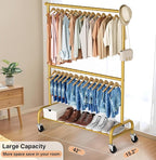 MISSLO Gold Clothing Racks for Hanging Clothes Heavy Duty Clothes Rack Double Garment Rack Metal Rolling Coat Rack Closet Wardrobe Rack on Wheels