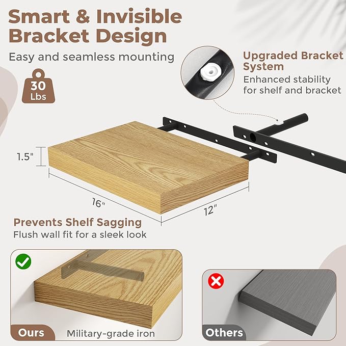 16 Inch Floating Shelves for Wall Set of 2, 12"D Wood Grain Bathroom Shelves with Invisible Brackets, Easy Install Engineered Wood Storage Shelves for Kitchen, Living Room, Bedroom, Oak Finish