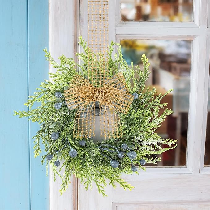4 PCS Mini Blueberry Kitchen Cabinet Wreaths Artificial Spring Summer Farmhouse Hanging Wreaths Rustic Cedar Greenery Wreath with Burlap Bow for Front Door Cabinet Wall Window Wedding Home Decor